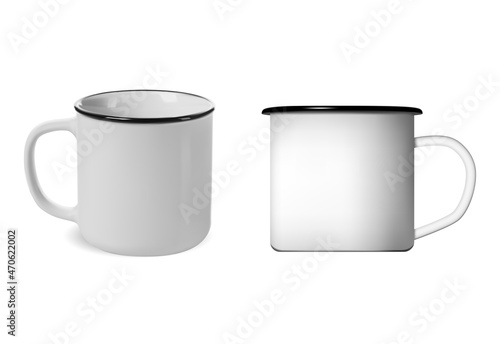 Enamel mug. Enamel metal camping cup vector blank. Vintage enamelware, retro coffee jar template with handle, realistic illustration. Glossy white camping mug for hot drink