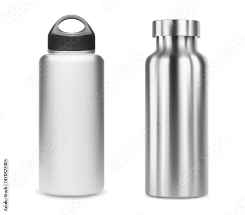 Reusable water bottle. Isolated aluminum metal bottle blank. Stailess steel thermo flask, outdoor equipment. Bicycle bottle, glossy steel template illustration. Realistic recycle tin photo
