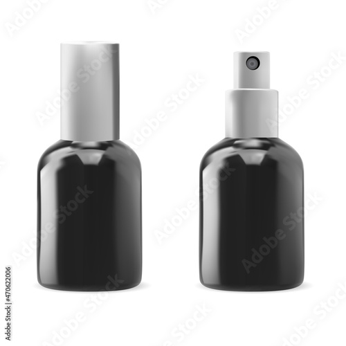 Cosmetic serum spray bottle. Small beauty essence packaging. Black glass airless pump container, skin toner advertising. Essential fragrance package, body skin serum