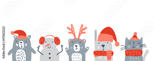 Set of cute kids christmas animals bear, snowman cute rabbit and cat. Vector baby winter illustration for nursery t-shirt, kids apparel, invitation card, poster. Simple scandinavian child design