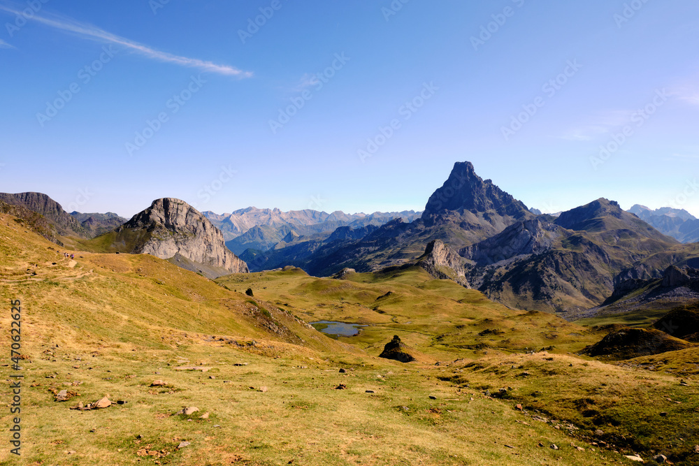 View of a mountain landscape with a cloudy sky. Pic du Midi d'Ossau