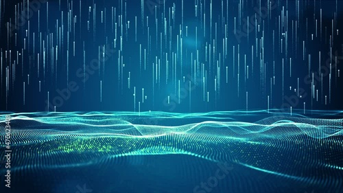 Digital particle wave abstract background, Blue light and particles rising, 3d rendering animation 4k