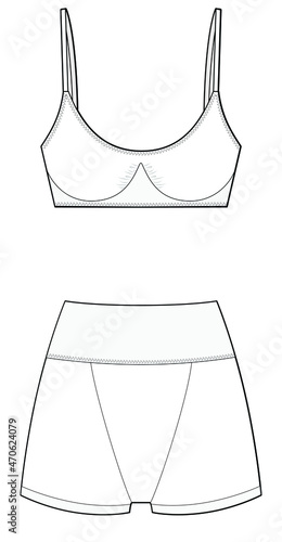 Fotografie sports bra and high waist shorts women sportswear set template fashion flat sket