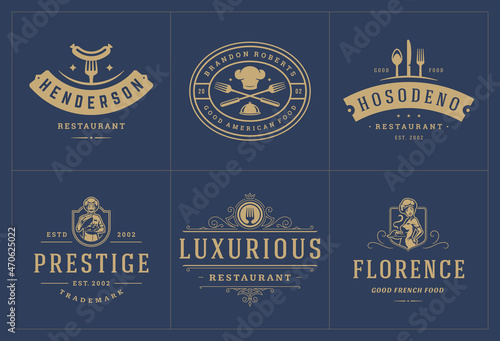 Restaurant logos templates set vector illustration good for menu labels and cafe badges
