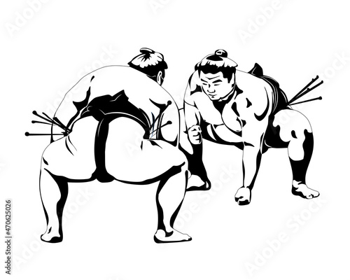 Sumo Japanese martial arts tradition of Japan two wrestlers black and white graphics. Vector illustration