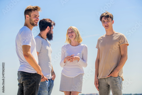 being successful. best friends. Social. cheerful guys and girl. Business team. Young people in casual style. group of four people, partnership. Group communication pleasure. effective communication
