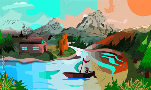 Vanguard sailboat with houses with mountains with turquoise orange red green tints