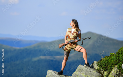 antiterrorist operation. fight for justice. military fashion. woman assassin with gun. female soldier. army sniper. weapon shop concept. head hunter camouflage. Weapon permit. gender equality photo