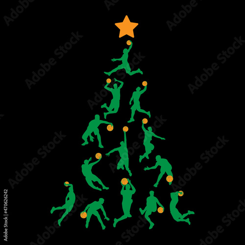 Basketball Christmas tree from basketball players on a black background. Vector illustration