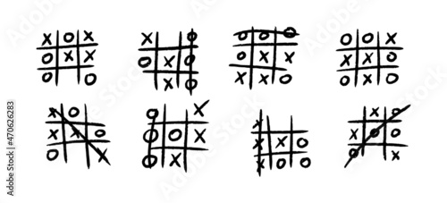 Hand drawn tic tac toe game. X-O children game. Play a tictactoe draw. Noughts and win. Vector illustration in doodle style on white background.