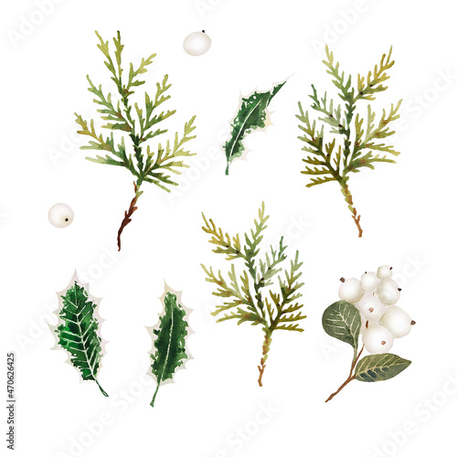 Watercolor christmas branches and snowberry isolated photo