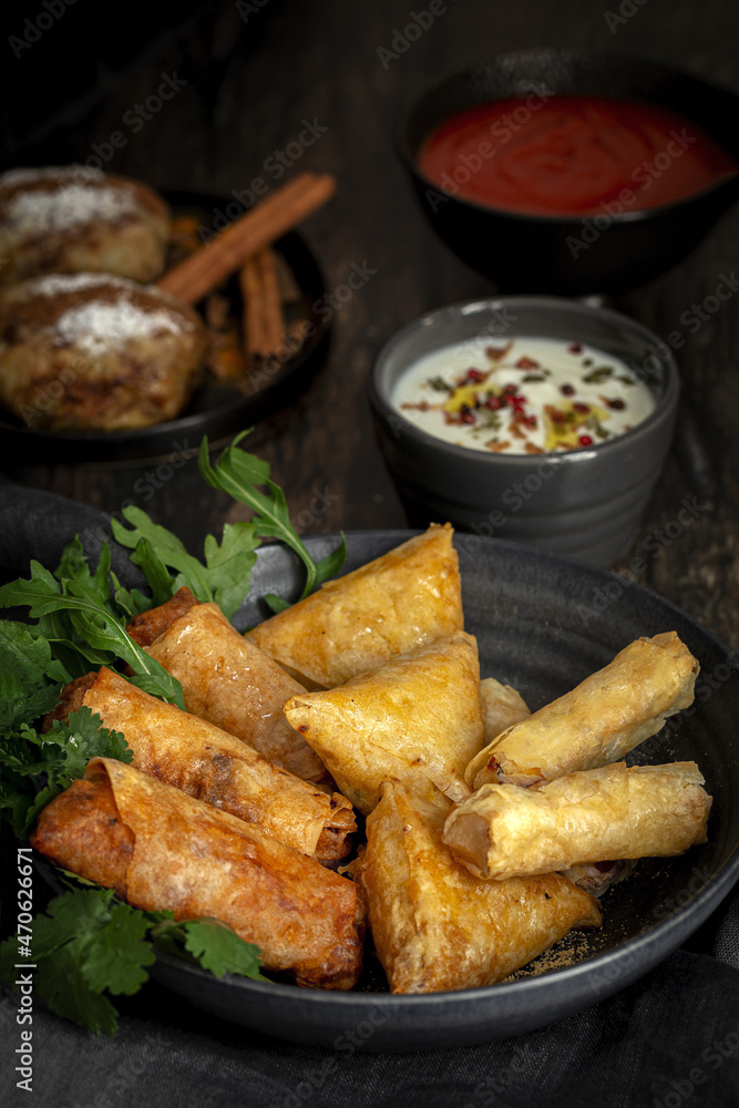 Fototapeta premium Traditional homemade assortment of moroccan food snacks. Typical arab food