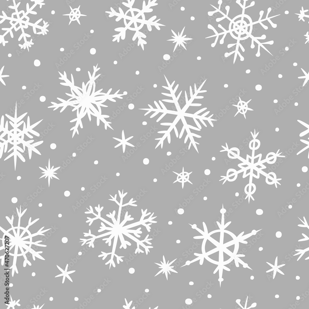 Seamless pattern of hand-drawn snowflakes on a gray background. Snowfall in doodle style. Vector illustration. Pattern for winter and Christmas design. Seamless pattern of hand-drawn snowflakes on a gray background. Snowfall in doodle style. Vector illustration. Pattern for winter and Christmas design.