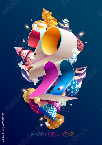 New year 2022. Bright numbers with colorful Christmas decoration.