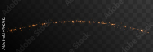 Vector magic glow. Gold dust PNG. A glittering trail of dust. Fairy dust, glowing trail, line of light. Christmas light.