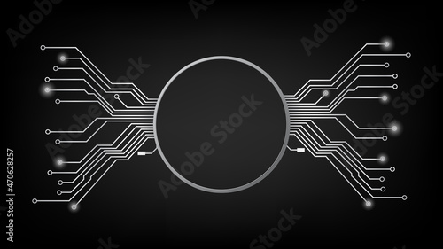 Design element in techno style with copy space silver circle with PCB tracks on dark background. Template for website or banner. Vector illustration.