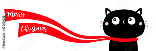 Merry Christmas. Cute black cat kitten head face looks up. Red long scarf waving wind. Cartoon kawaii character. Pet baby collection. Xmas Greeting card. Flat design. Isolated. White background.