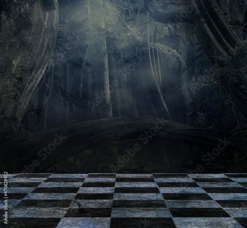 Scary forest background with a magic Alice in Wonderland chesboard