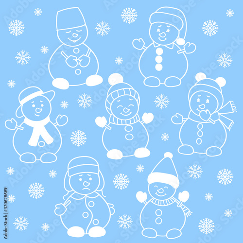 Set of Christmas snowmen with snowflakes, white on blue © Elvira