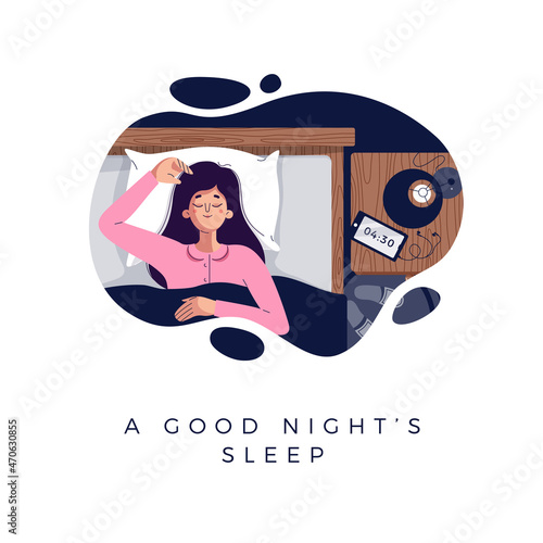 A good night's sleep banner. Young sleepy woman is fast asleep, lying in the bed under soft duvet. Sleep tight, adult napping, snoozing, slumbering, reposing, resting concept.Flat vector illustration