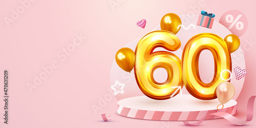 60 percent Off. Discount creative composition. Golden sale symbol with decorative objects, heart shaped balloons and gift box. Sale banner and poster.