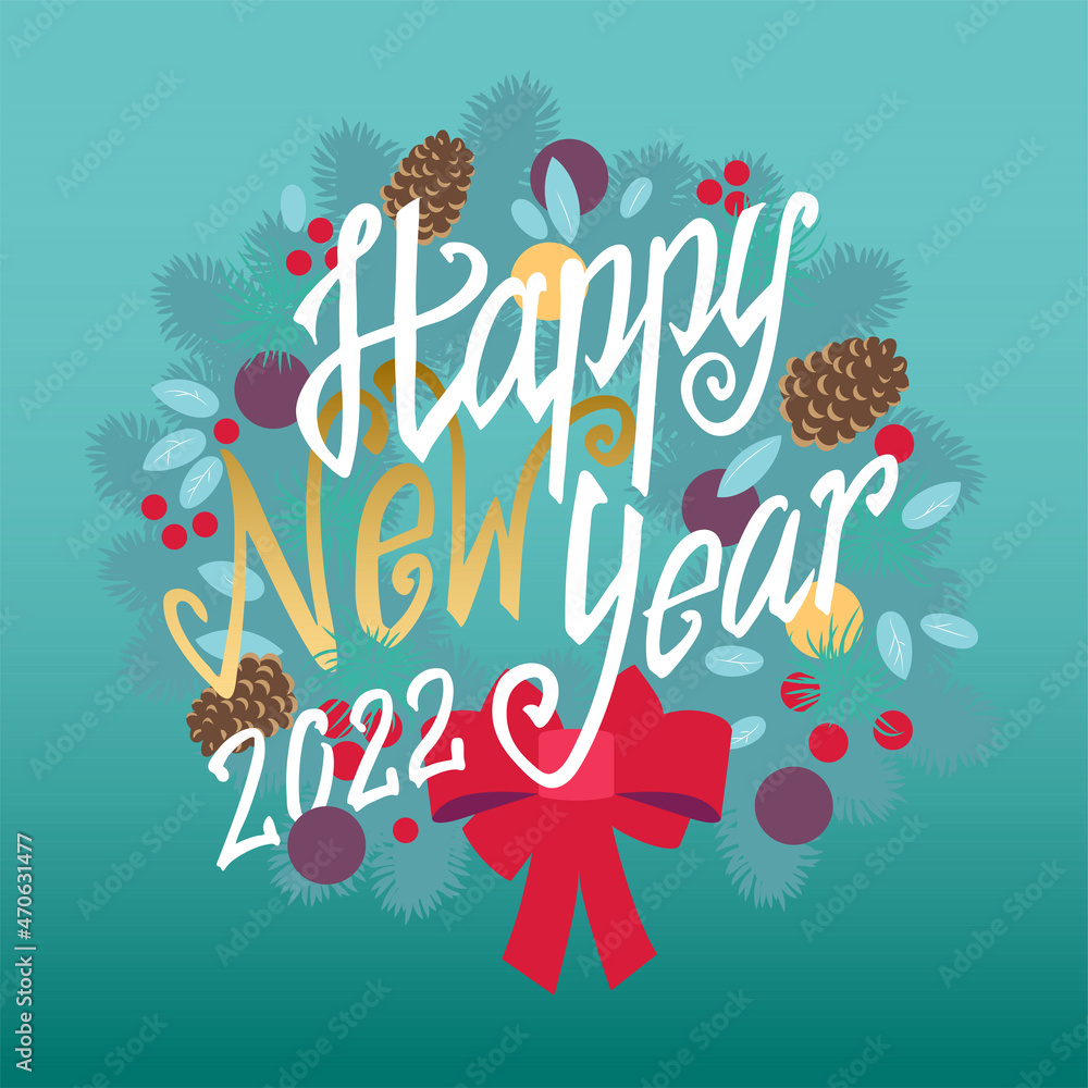 Happy New Year lettering on green background with wreath and red bow-knot