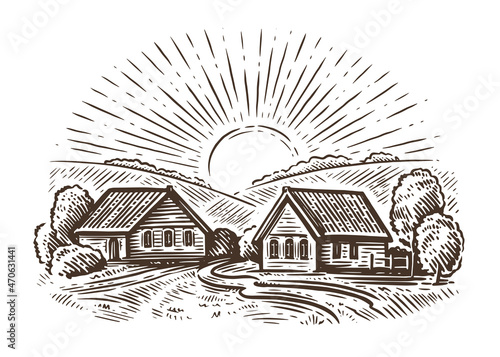 Village with fields and sun. Farm, agriculture sketch illustration vector