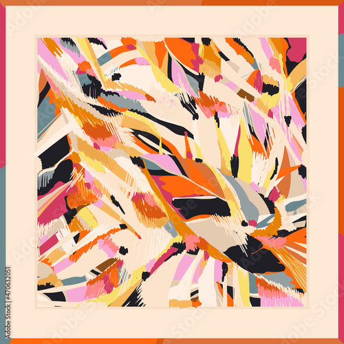 Silk scarf modern design with bright colorful artistic ornament. Abstract ethnic style. Fashionable vector template for your design.