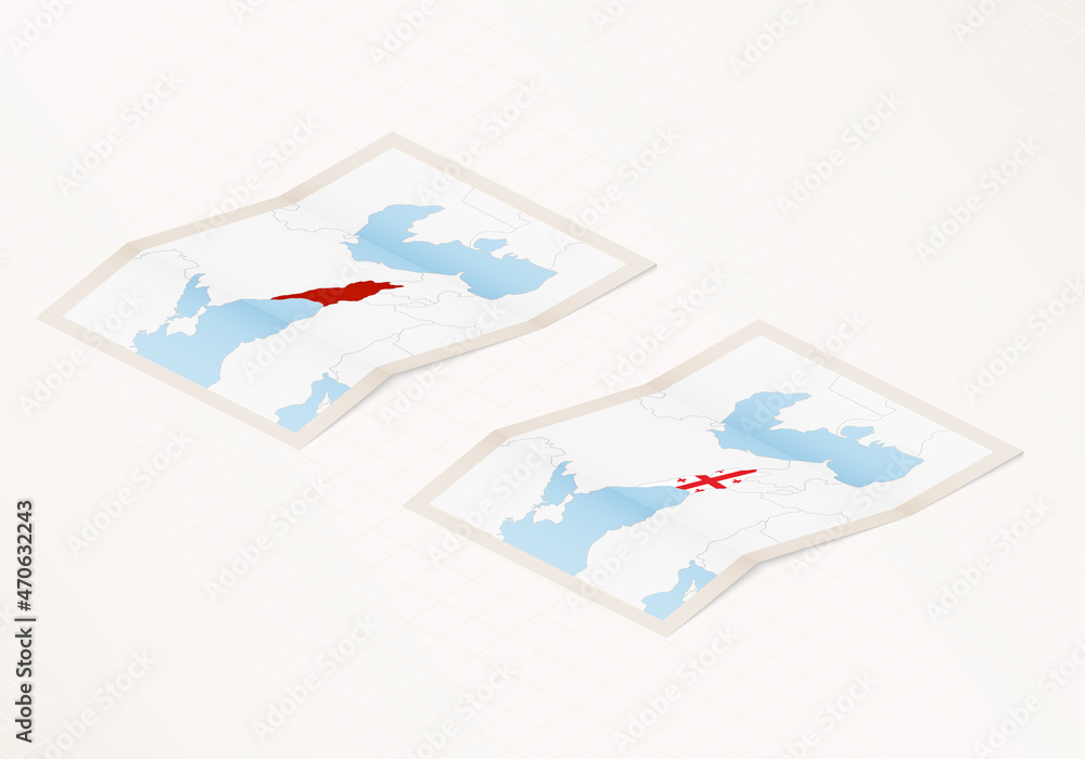 Obraz premium Two versions of a folded map of Georgia with the flag of the country of Georgia and with the red color highlighted.
