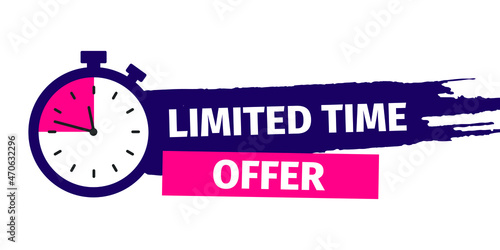 Limited time offer with time countdown. Super promo label with alarm clock and word. Last offer banner for sale promotion. Red flat sticker hurry deal. Auction tag. Last minute chance stamp. vector