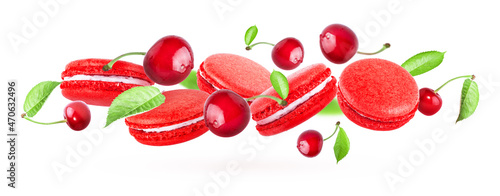 Fototapeta Naklejka Na Ścianę i Meble -  Cherry macaroons isolated on white background. Cherry berries with leaves.