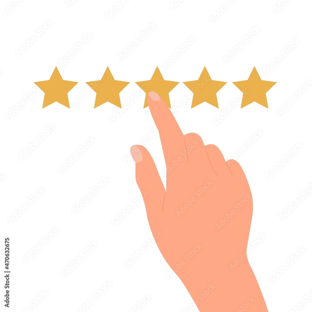 Hand finger pointing to five star rating. Hand finger pointing to five star rating.