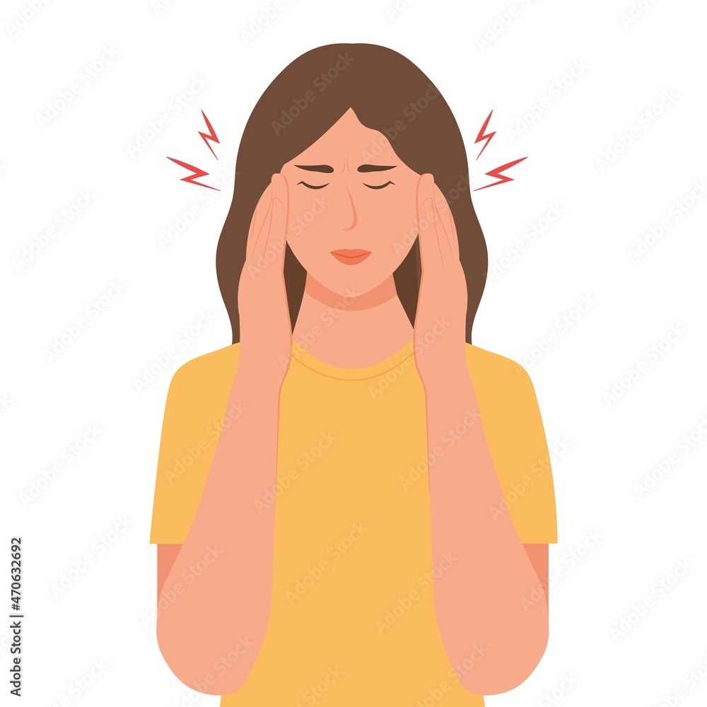 Headache. Young woman suffering migraine, holding head with hands. Vector illustration. Headache. Young woman suffering migraine, holding head with hands. Vector illustration.