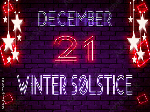 21 December, Winter Solstice, Neon Text Effect on Bricks Background