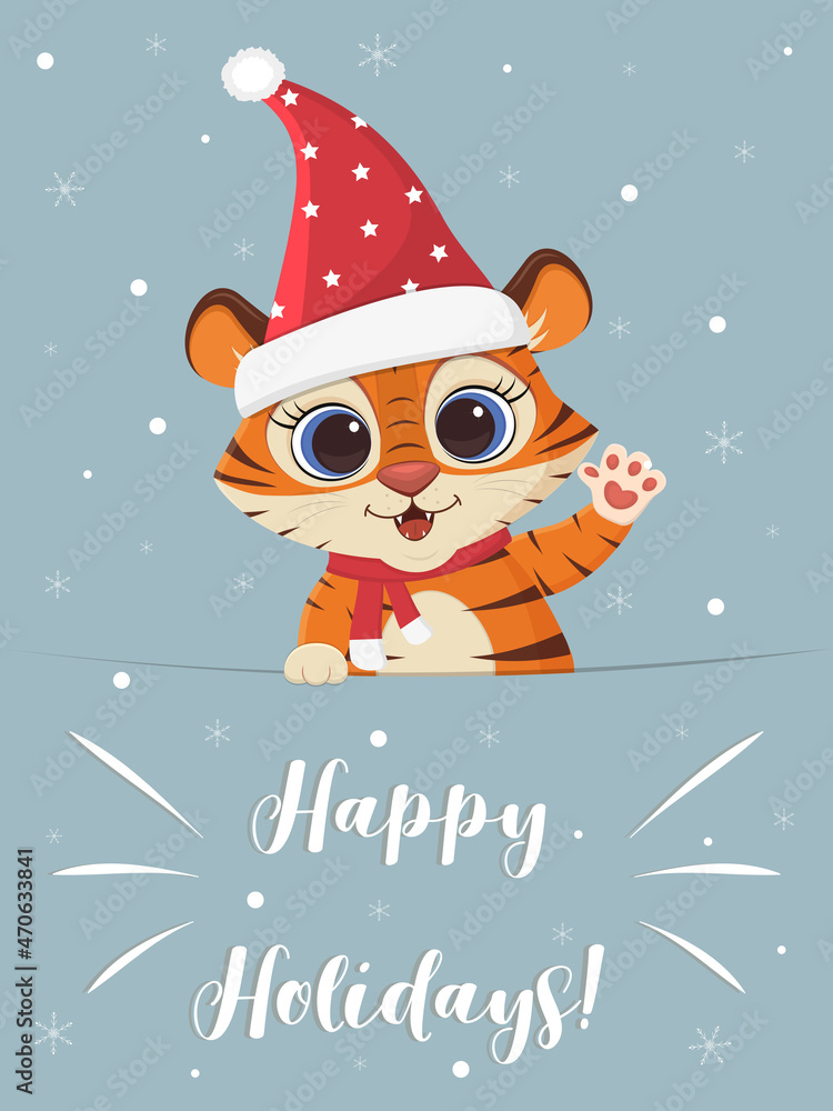 Merry Christmas and Happy New Year greeting card. Cute tiger in a Santa hat and a scarf on a background of snowflakes. Year of the tiger 2022. Cartoon, flat style, vector Merry Christmas and Happy New Year greeting card. Cute tiger in a Santa hat and a scarf on a background of snowflakes. Year of the tiger 2022. Cartoon, flat style, vector