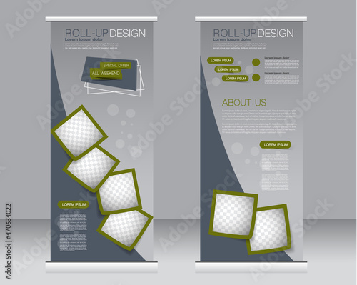Roll up banner stand template. Abstract background for design,  business, education, advertisement.  Green and grey color. Vector  illustration.