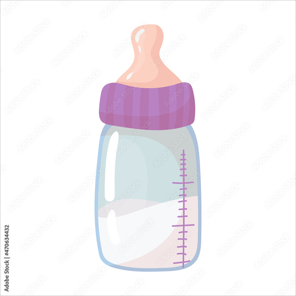 Baby bottle with a pacifier. Baby food. Artificial feeding of newborns. Vector illustration isolated on white background. Baby bottle with a pacifier. Baby food. Artificial feeding of newborns. Vector illustration isolated on white background.