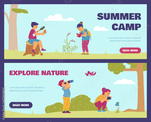 Children explore nature at summer adventure camp in flat vector illustration