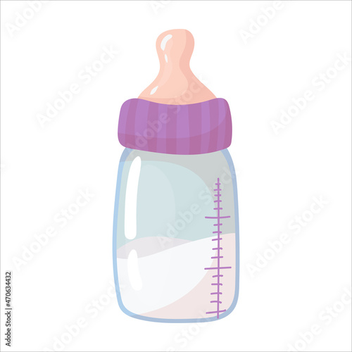 Baby bottle with a pacifier. Baby food. Artificial feeding of newborns. Vector illustration isolated on white background.