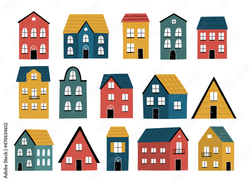 Set of various doodle style isolated houses in Scandinavian style vector illustration.