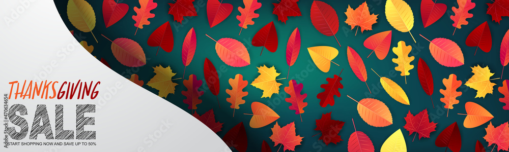 Thanksgiving sale banner, website header or newsletter cover. Red and orange fall leaves realistic vector illustration with lettering.