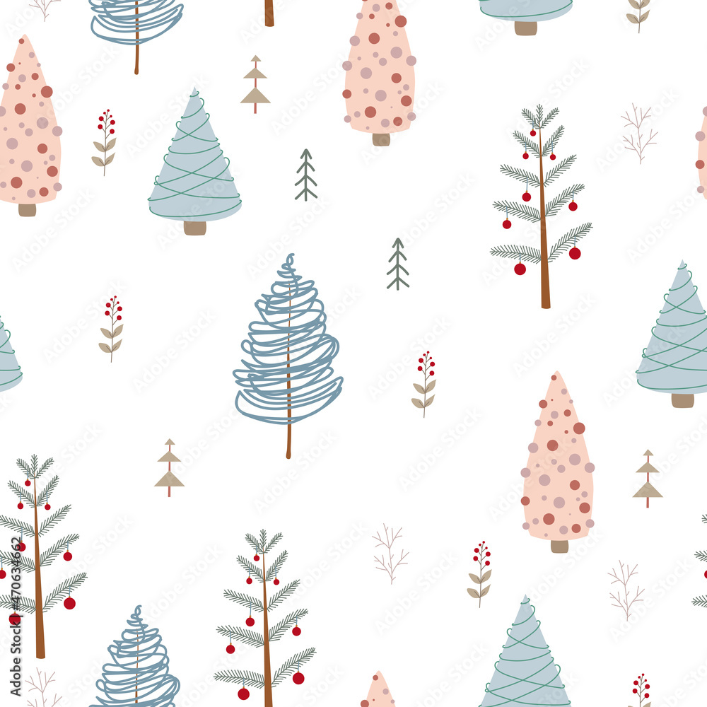 Seamless pattern of Christmas trees and trees in boho or scandinavian style. Christmas items with winter elements and holiday wishes. Winter vector illustration on white background.