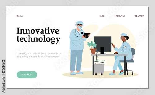 Medical innovative technology concept banner with male, female characters