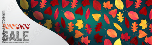 Thanksgiving sale banner, website header or newsletter cover. Red and orange fall leaves realistic vector illustration with lettering.
