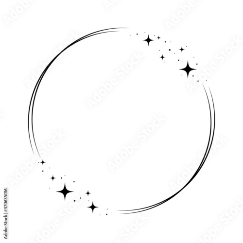 Sparkle star circle frame. Wreath round stardust border for party, birthday decor design. Laurel frame with, cosmic glitter shine. Isolated black flat vector illustration.