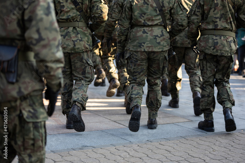 Rear view of marching soldiers in full uniform.