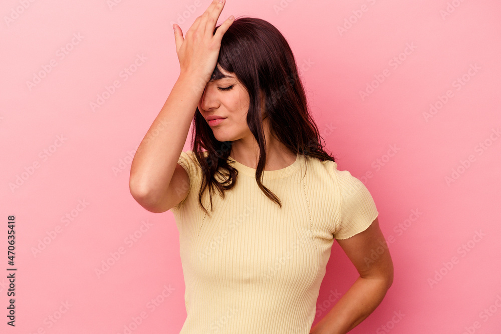 Young caucasian woman isolated on pink background forgetting something, slapping forehead with palm and closing eyes. Young caucasian woman isolated on pink background forgetting something, slapping forehead with palm and closing eyes.
