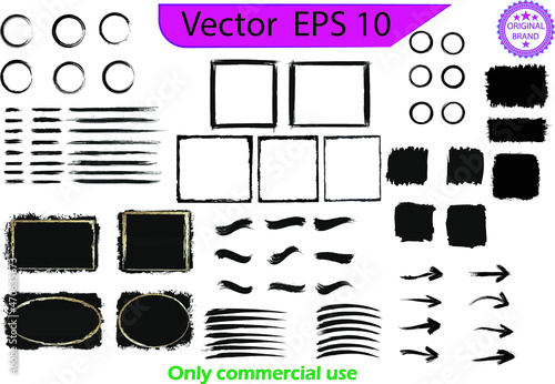 Black paint, ink brush strokes, brushes, lines set. Ink brush strokes bundle. Brush strokes text boxes. Vector paintbrush set. Grunge design elements. Original textures