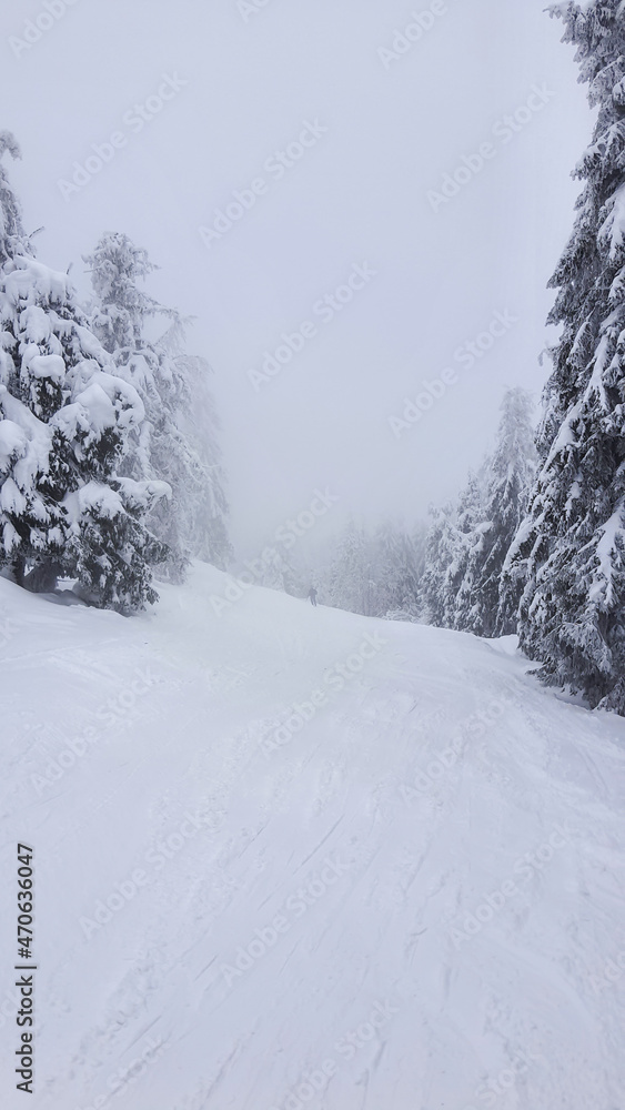 view of misty snowboard ski slope