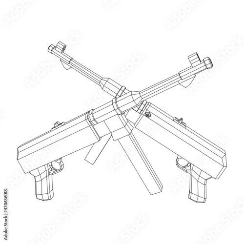 Submachine gun german MP 40 world war 2 firearms pistol. Wireframe low poly mesh vector illustration.